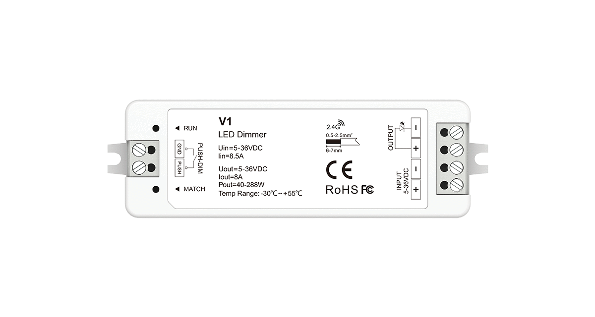 LUZ-181-DM 5-36VDC 8.5A Push Dimmer LED Controller – 1CH RF 2.4GHz + Push Control