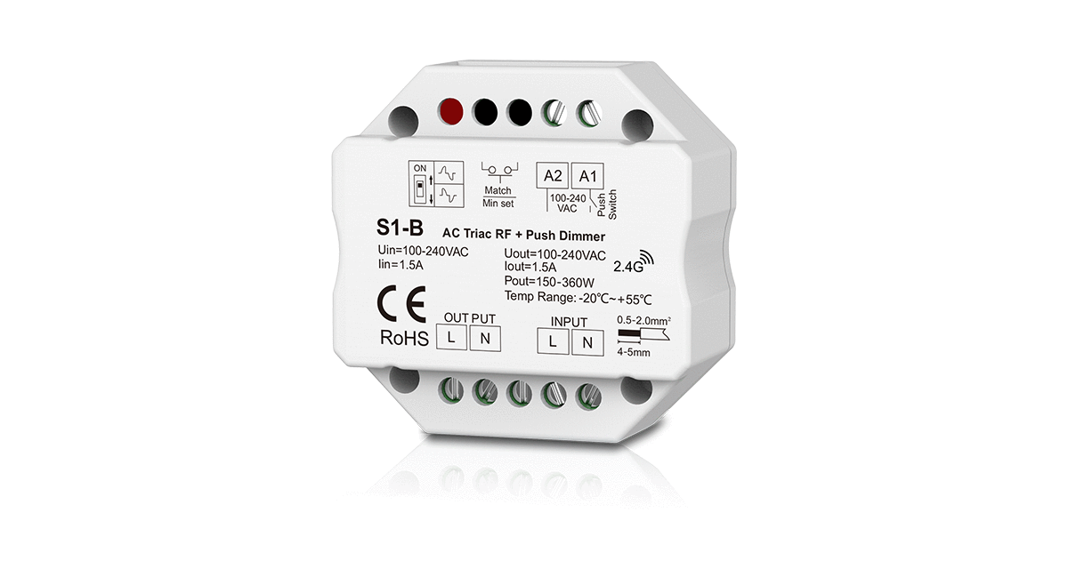 LUZ-S150-DM 100–240VAC 1.5A Push Dimmer Controller – AC Triac RF Dimmer